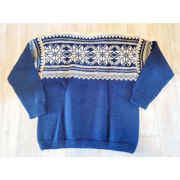 Vintage XL Wool Sweater Nordic Blue Cream Snowflakes Hand Knit 80's Cottagecore - Picture 1 of 4